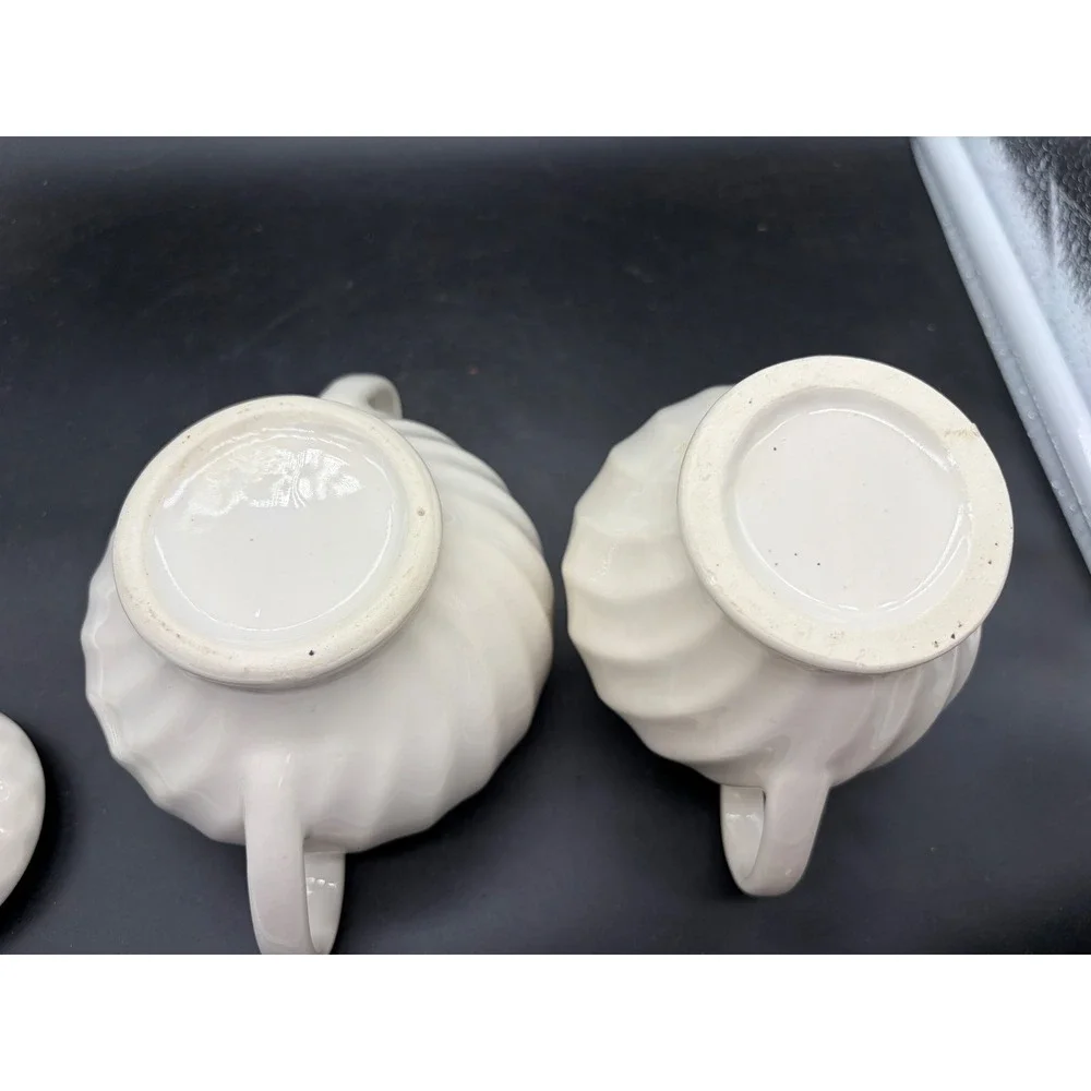 Vintage Creamer and Sugar‎ Bowl Set Off White Swirl Ceramic Silver Trim Lid